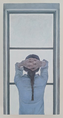 Figurative oil painting, back of female figure facing window, interlaced fingers behind head over long braid