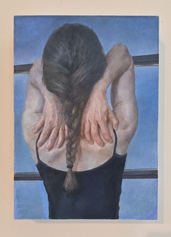 Figurative oil painting, back of female figure facing window with dusk sky, hands stretched over head and onto upper back