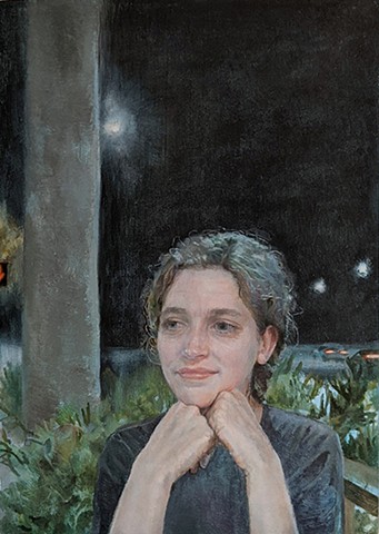 Figurative oil painting, female figure with chin leaning on fists, looking into distance, night sky