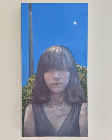 Figurative oil painting, female figure with back to window with blue sky, bangs covering eyes, tree in background