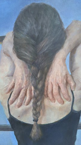 Detail of figurative oil painting, back of female figure facing window with dusk sky, hands stretched over head and onto upper back