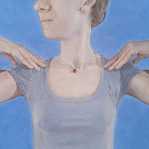 Figurative oil painting, female figure with back to window with blue sky, hands on shoulders, necklace with red charm