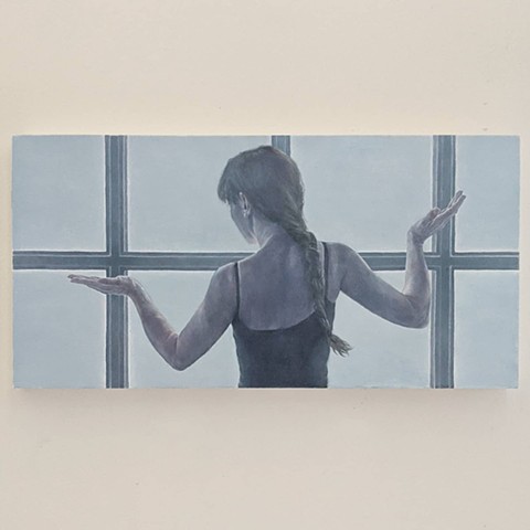 Figurative oil painting, back of female figure facing window, hands in questioning expression, blue gray sky, long braid