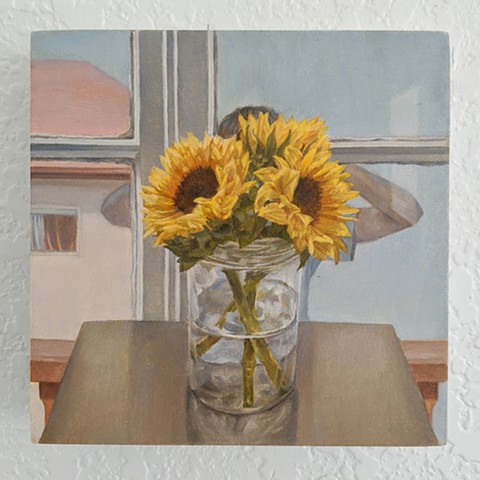 Miniature oil painting, sunflowers with hidden figure in background