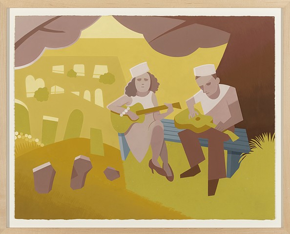 Detail of brown, yellow, and gray diptych painting of World War II era couple in sailor caps playing guitars in a country cemetery by Steven L. Jones