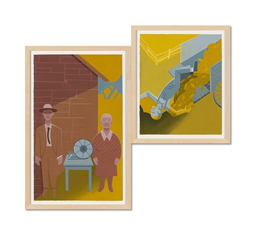 Brown, yellow, and gray diptych painting of elderly rural people posing with victrola and falling off a wagon by Steven L Jones