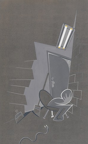 Gray painting of depressed person locked in closet clutching head under incandescent lights by Steven L Jones