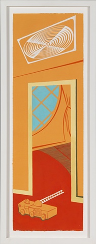 Orange, blue, and red detail of 6-panel painting of suburban home in summer with fan, round window, and toy fire truck by Steven L Jones