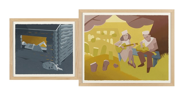 Brown, yellow, and gray diptych painting of dying Civil War soldier in log cabin beside faithful dog and World War II era couple in sailor caps playing guitars in a country cemetery by Steven L. Jones