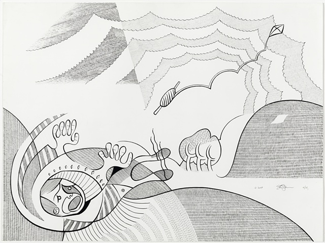 Cartoony ink and pencil drawing of grief-stricken boy falling over in hilly landscape and losing kite swept away by the wind by Steven L. Jones