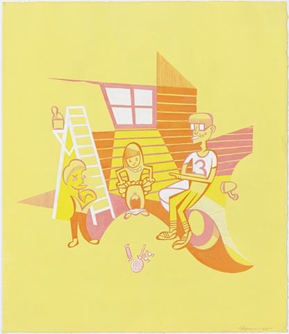 Yellow, pink, orange, and white painting of little girl exposing herself to two boys in exchange for candy in suburban garage with ladder and old car by Steven L Jones