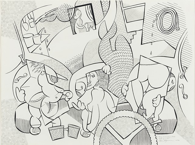 Cartoony ink and pencil drawing of three boys looking at Playboy centerfolds in back seat of car in suburban garage while mother cooks dinner in window with dripping tools, hose, and bongo drums in Picasso Cubist style by Steven L. Jones