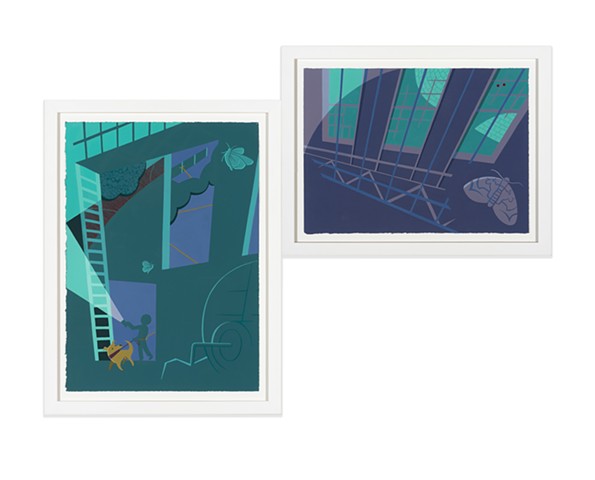 Diptych in green and purple of boy with dog and flashlight exploring eerie abandoned power plant at night with ladder, catwalks, moths and possible apparition of Mothman by Steven L. Jones