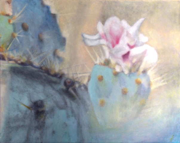 misty nopal cactus with prickly pear fruit (tuna) and cactus flower