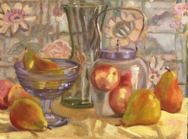 Vintage fabric with glass and fruit