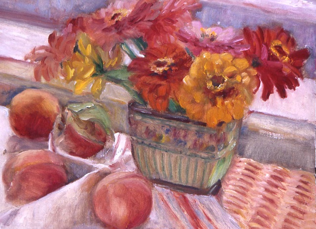 Weller vase with zinnias and peaches