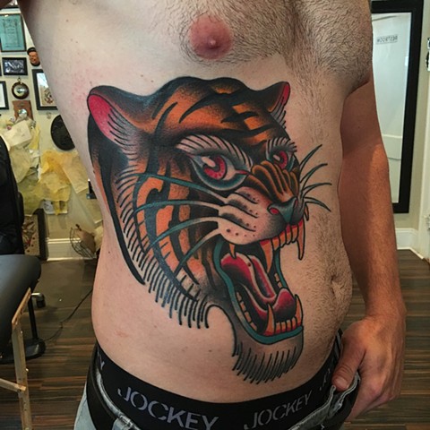 Traditional tiger tattoo done at classic tattoos by keller