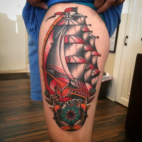 clipper ship tattoo with lightning