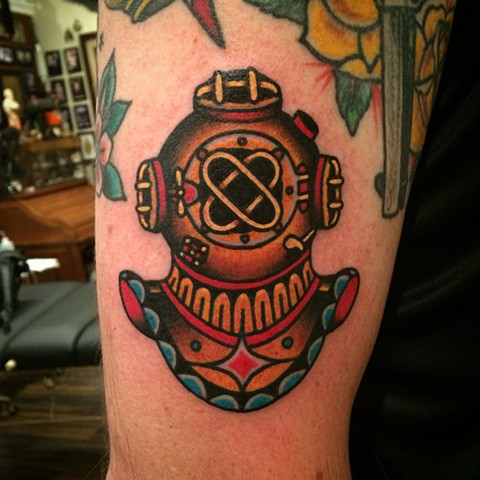 Traditional diver helmet tattoo done at classic tattoos by keller