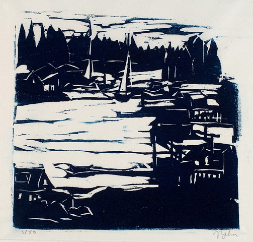 Maine landscape, woodblock print