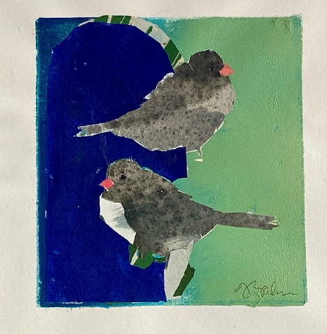 Plumped Up Sparrows with Purple Arch