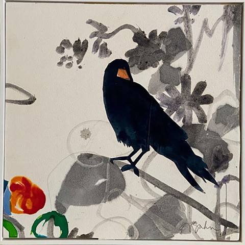 Crow with Orange Flower