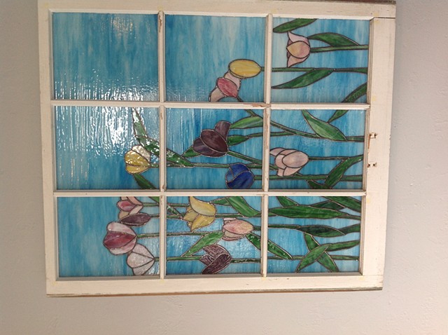 Tulips in re-used window frame