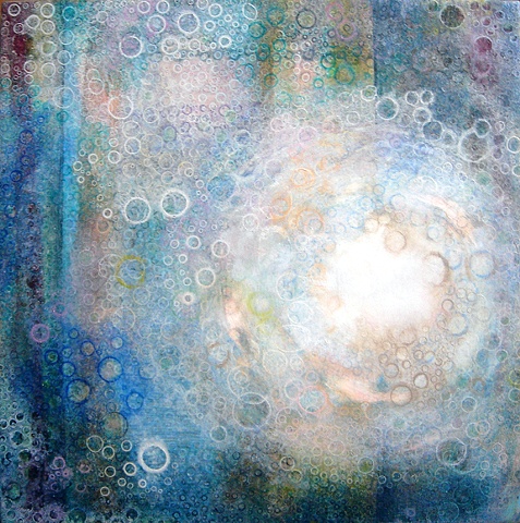 paintings of blue circles like the sky and clouds blended with the sun shining