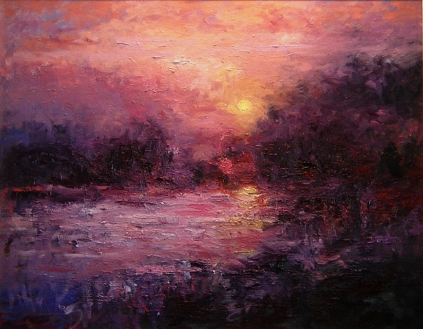 Oil painting for sale of river scene with violets, blues and reds