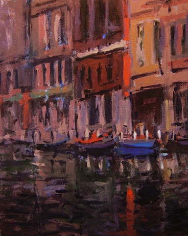 Italian painting. Venetian canal scene in twilight with boats