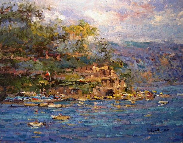Santa Marguerita Italy in sunlight. R W Bob Goetting, oil paintings of Italy, french and italian riviera