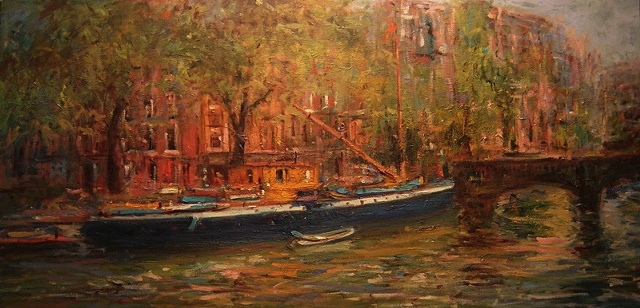 Oil painting of a boat scene in Amsterdam, the Netherlands R W Bob Goetting