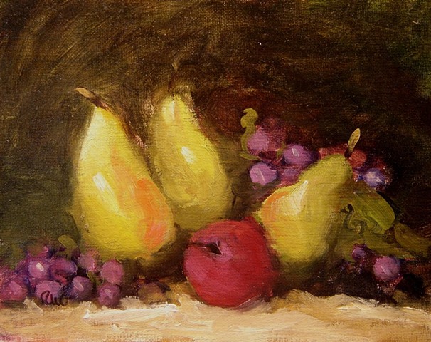 Still life of pears, a plum and a bunch of grapes