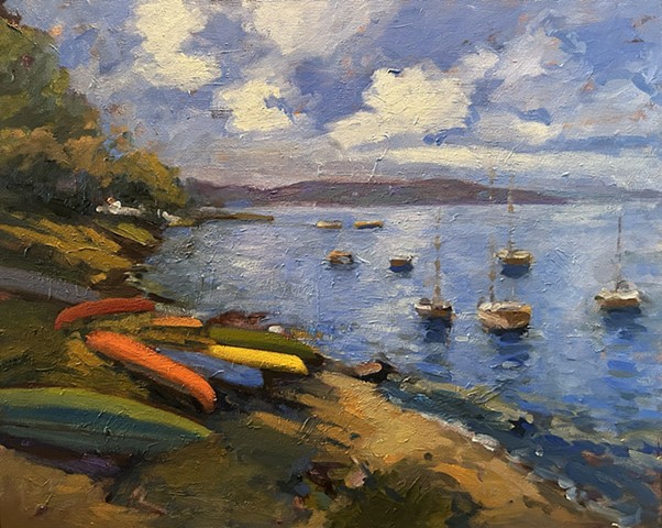 Kayaks and boats in the back bay