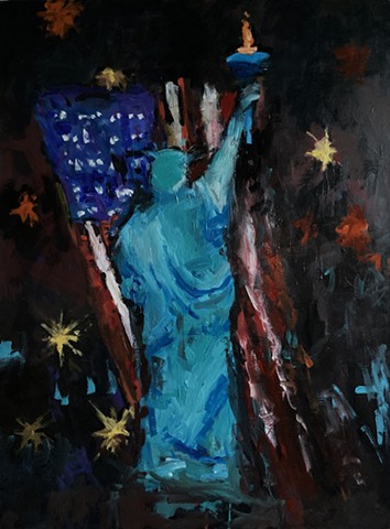 Statue of Liberty with U S flag