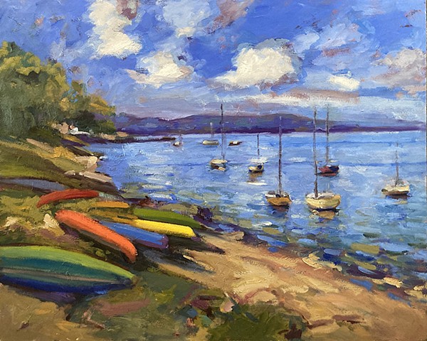 Kayaks and boats in the back bay