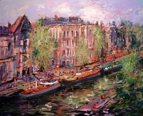 Oil painting of a boat scene in Amsterdam, the Netherlands