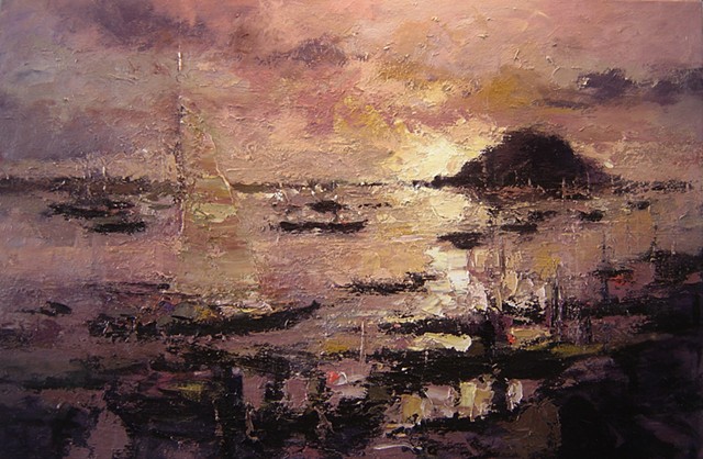 Morro Bay California, Morro Bay, California, boat, boats, sunrise, morning light, paintings of Morro Bay