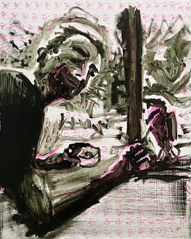 A painting with magenta drawn lines and a green umber oil paint on top. It depicts the artist feeding an owl in tokyo but is slightly abstract and has a symbol repeated throughout.