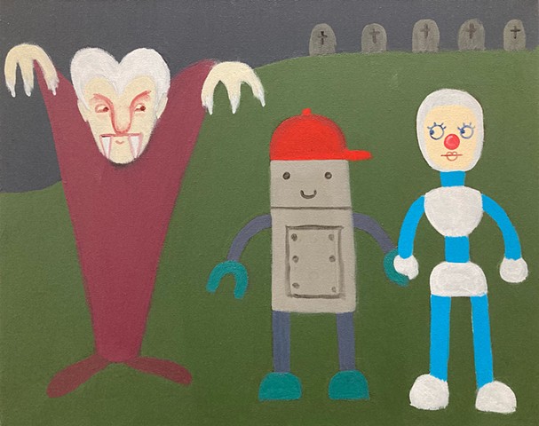 Dracula & 2 Robot Children In A Cemetery
