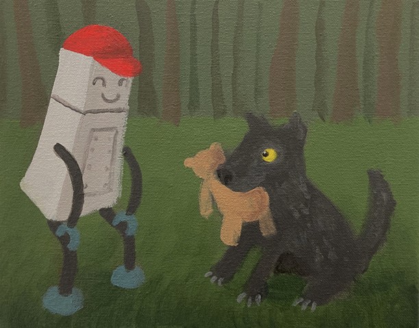 A Robot Child and Wolf With Teddy Bear (Study)