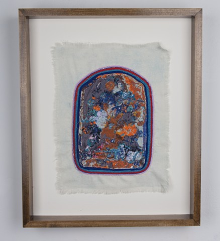 Eden, 2015. Digital and hand embroidery on indigo dyed raw silk, 16.25” x 12.50”.