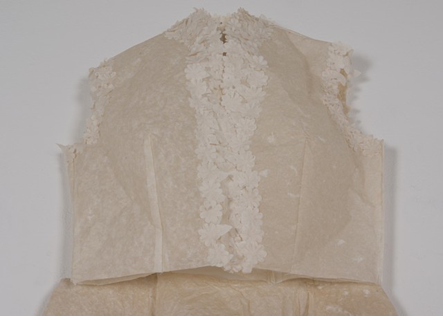 Yes to the Dress, June 10, 2015, detail, 2016. Machine sewn flax and abaca paper and silk organza, dimensions variable.