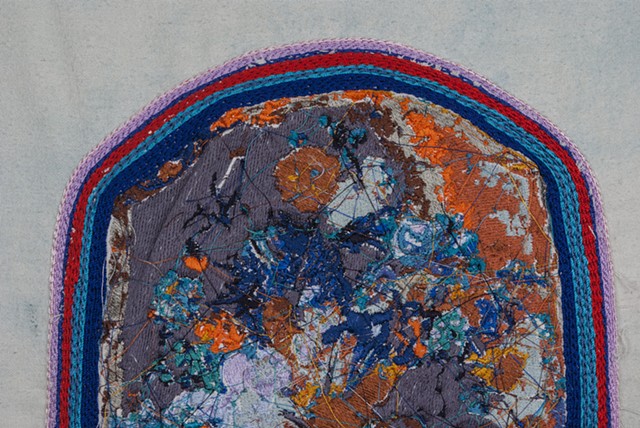 Eden, detail, 2015. Digital and hand embroidery on indigo dyed raw silk, 16.25” x 12.50”.
