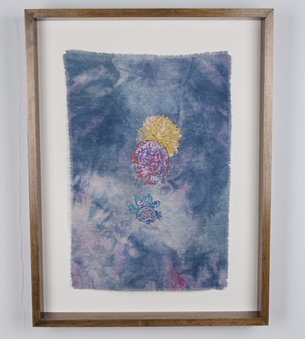 Corsage, 2016. Digital and hand embroidery on indigo and acid dyed raw silk, 21.50” x 14.75”. 