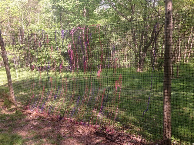 Tendril, 2015. Recycled crocheted chains twinned on deer fence, dimensions variable.