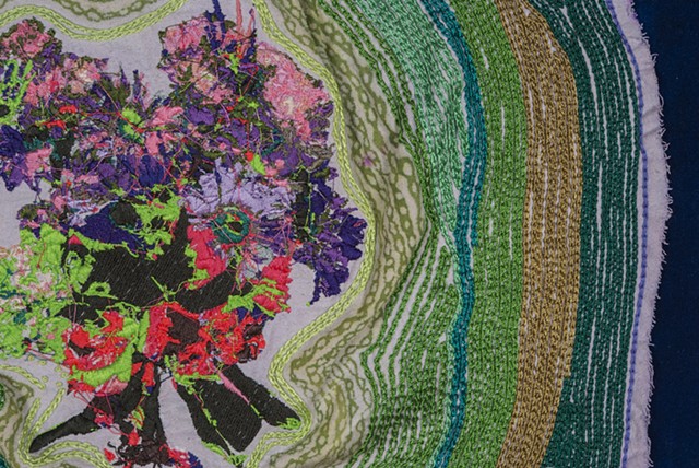 Bouquet, detail, 2015. Hand and digital embroidery on hand painted and acid dyed raw silk, 29.75” x 20.50”.