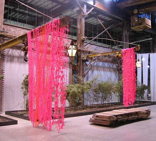 Ribbons and Bows, (Urban Outfitters Headquarters installation view, Philadelphia, Pennsylvania) 2011. Crocheted and knotted Glo-Pink fluorescent plastic flagging tape and children’s barrettes, dimensions variable.