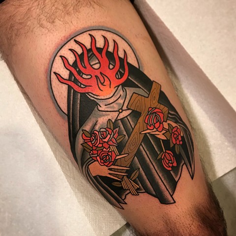 nun with burning face tattoo by dave wah at stay humble tattoo company in baltimore maryland the best tattoo shop and artist in baltimore maryland