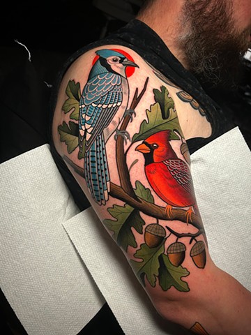 blue jay and cardinal tattoo by dave wah